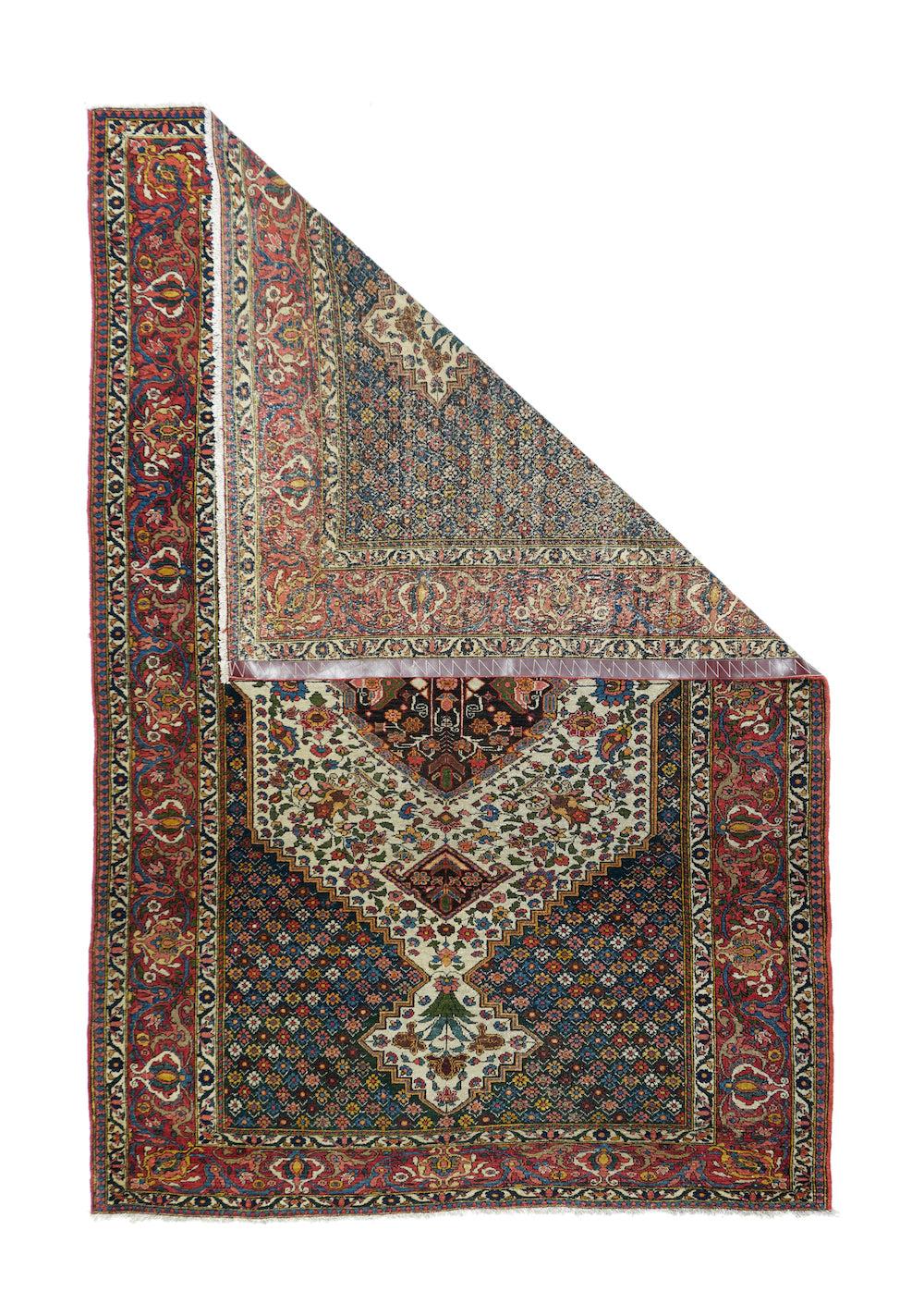 This is a well-woven sacatter from the vllagers in the Chahar Mahal district in central Persia. These rugs are often called “Bakhtiari”, although these latter weave mostly bags and not pile rugs. The navy ground is closely covered by tiny flowers