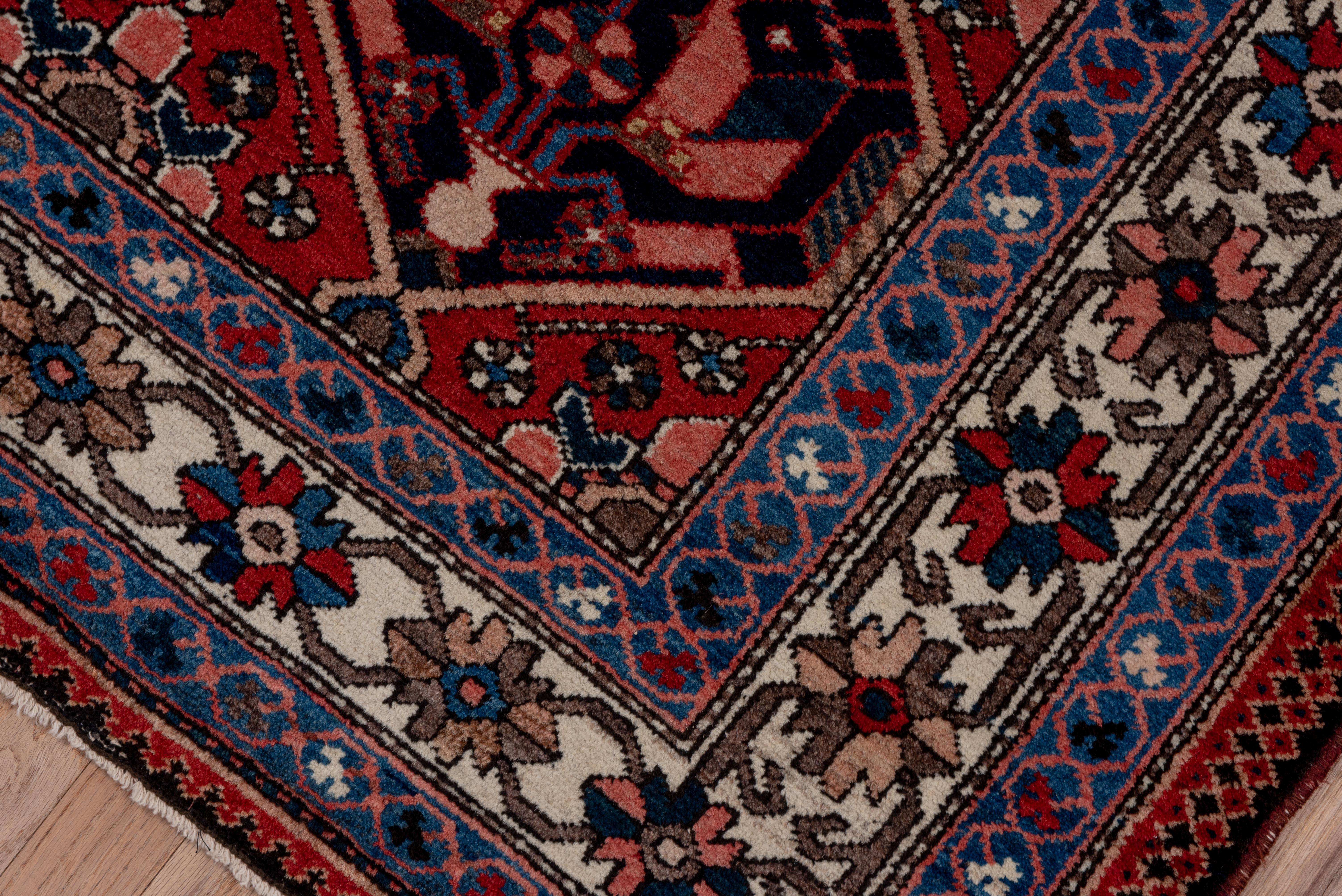 This vintage Baktiary rug features a striking garden panel design composed of a lattice of stylized floral and tree motifs arranged within diamond medallions. Rendered in a bold palette of crimson, midnight blue, ivory, and coral, the rug embodies