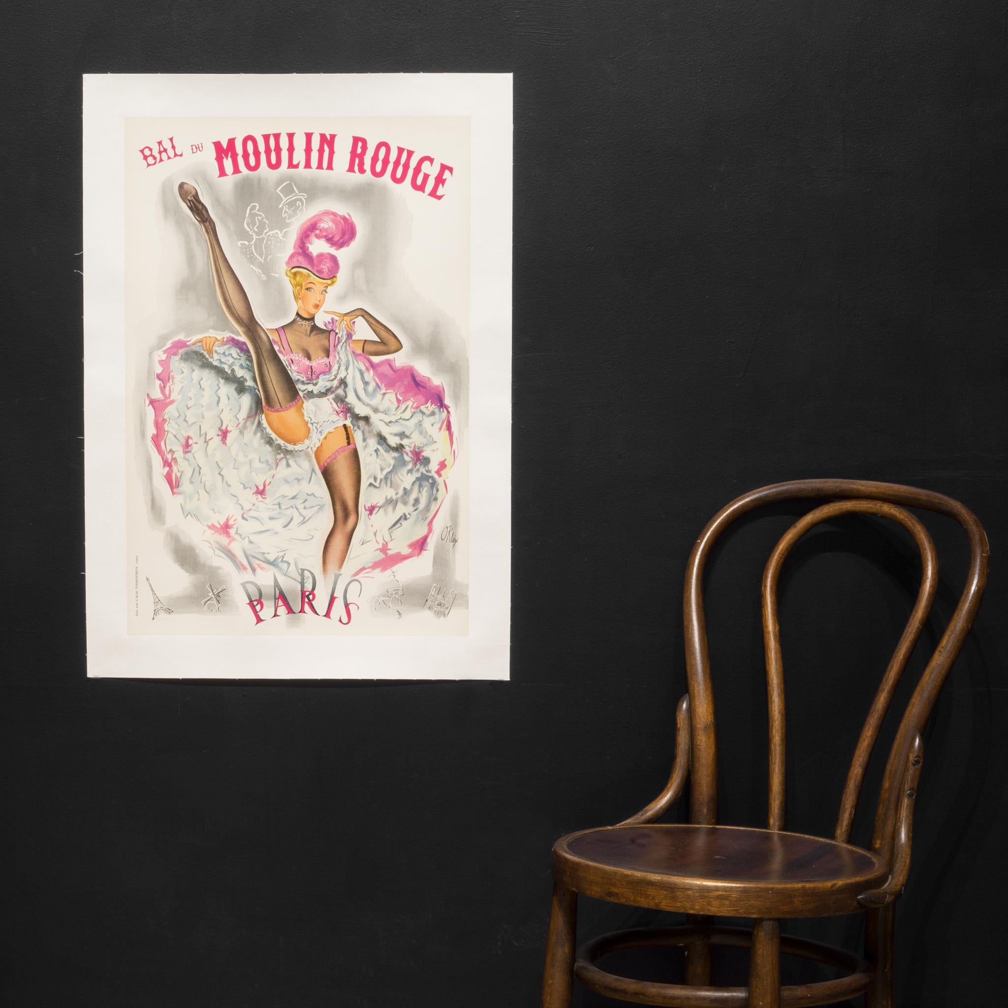 Vintage Bal du Moulin Rouge poster.
This is an original lithograph by O'kley for this famous cabaret in Paris, France.
The image features a can-can dancer in a frilly dress and panties, kicking her leg high in the air. A very small Eiffel tower is