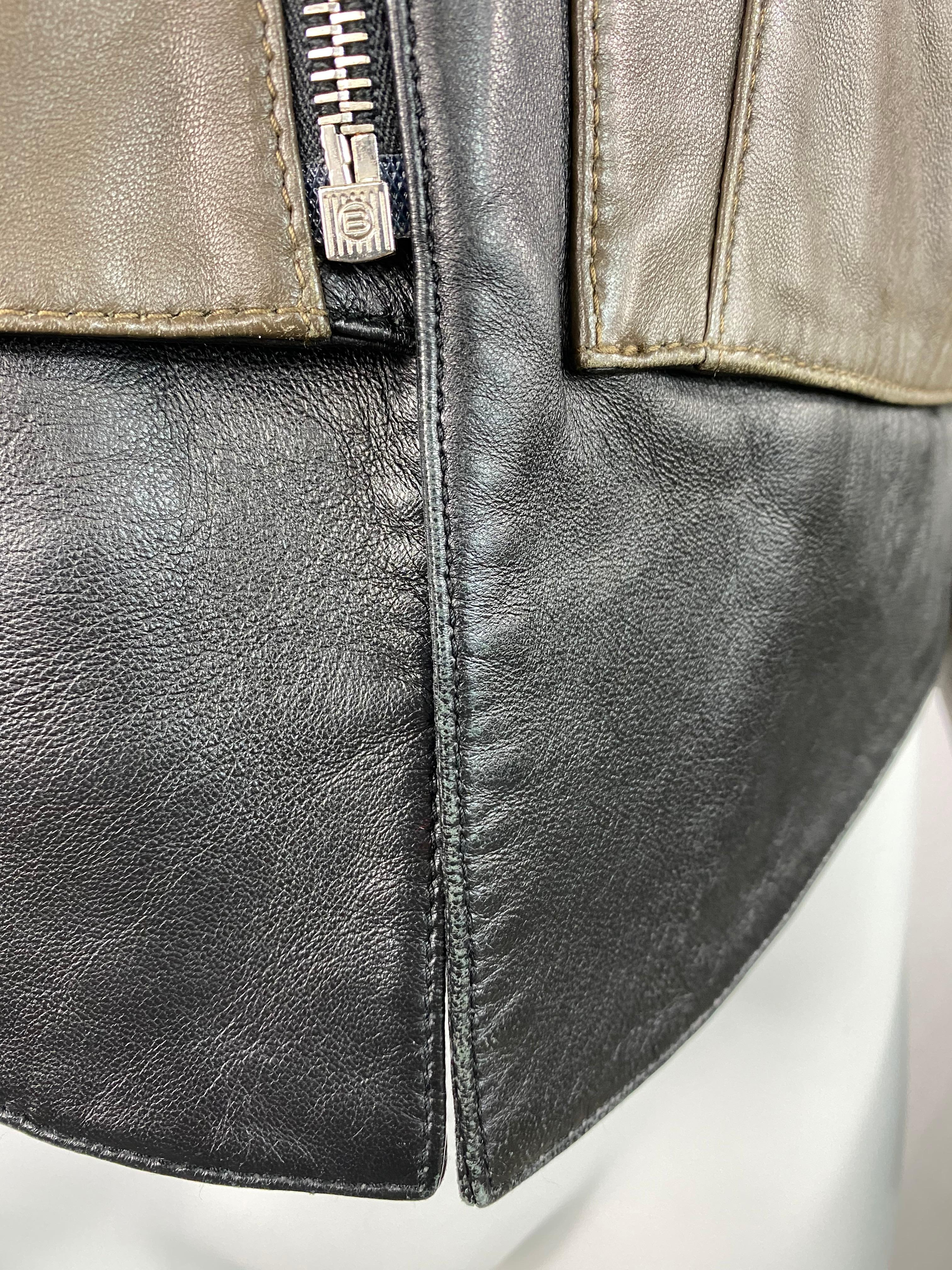 Vintage Balenciaga Black and Olive Moto Leather Jacket, Size 42 For Sale 1