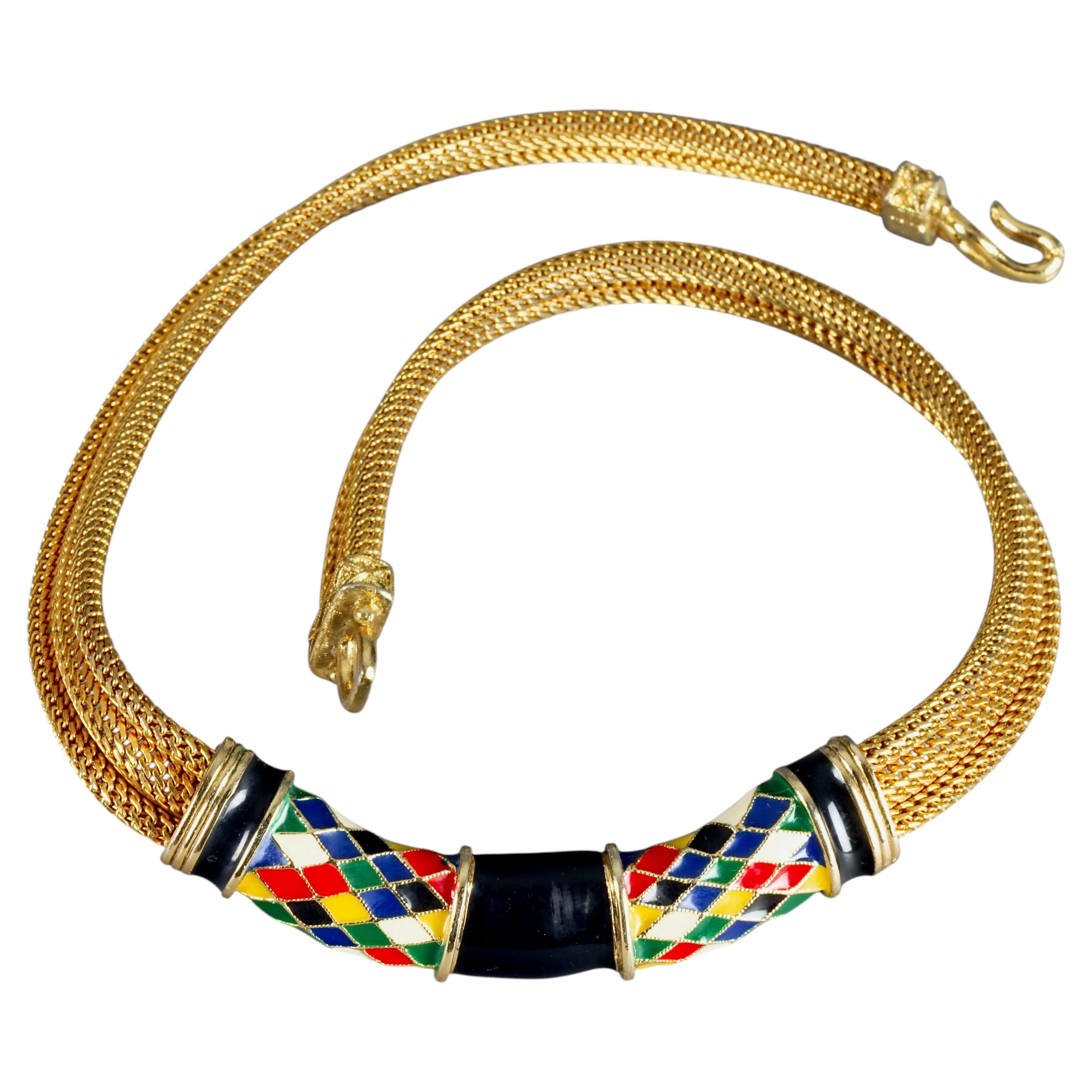 Vintage BALENCIAGA Collier ras de cou en maille émaillée à motif arlequin coloré