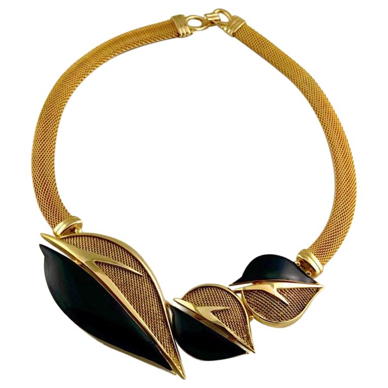 Vintage BALENCIAGA Enamel Leaves Mesh Choker Necklace For Sale