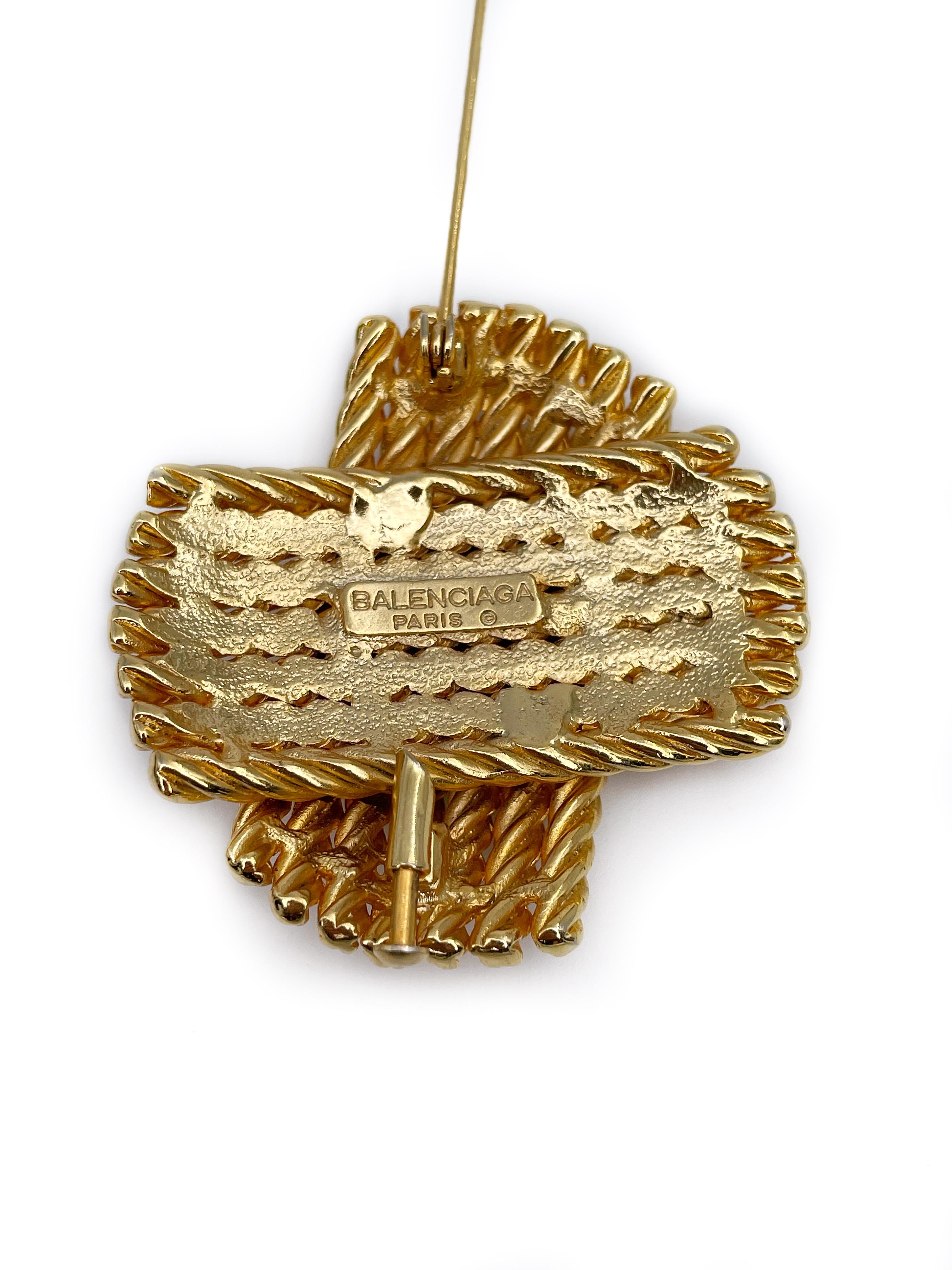Women's 1980s Vintage Balenciaga Gold Tone Rope Cross Pin Brooch