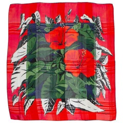 Retro Balenciaga Red Silk Jacquard Hibiscus Foulard Scarf, 1980s