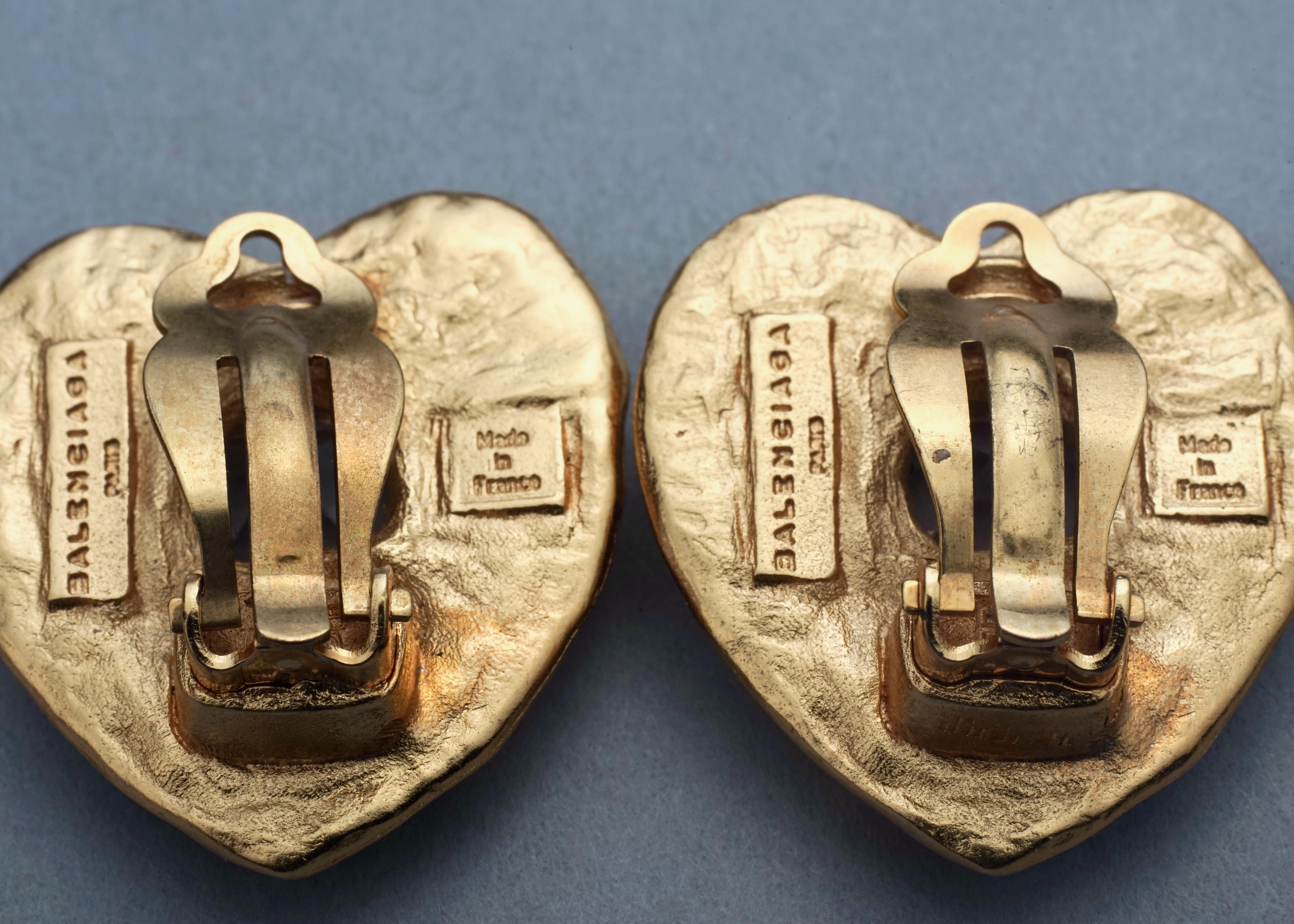 Vintage BALENCIAGA Textured Logo Heart Stone Earrings 4