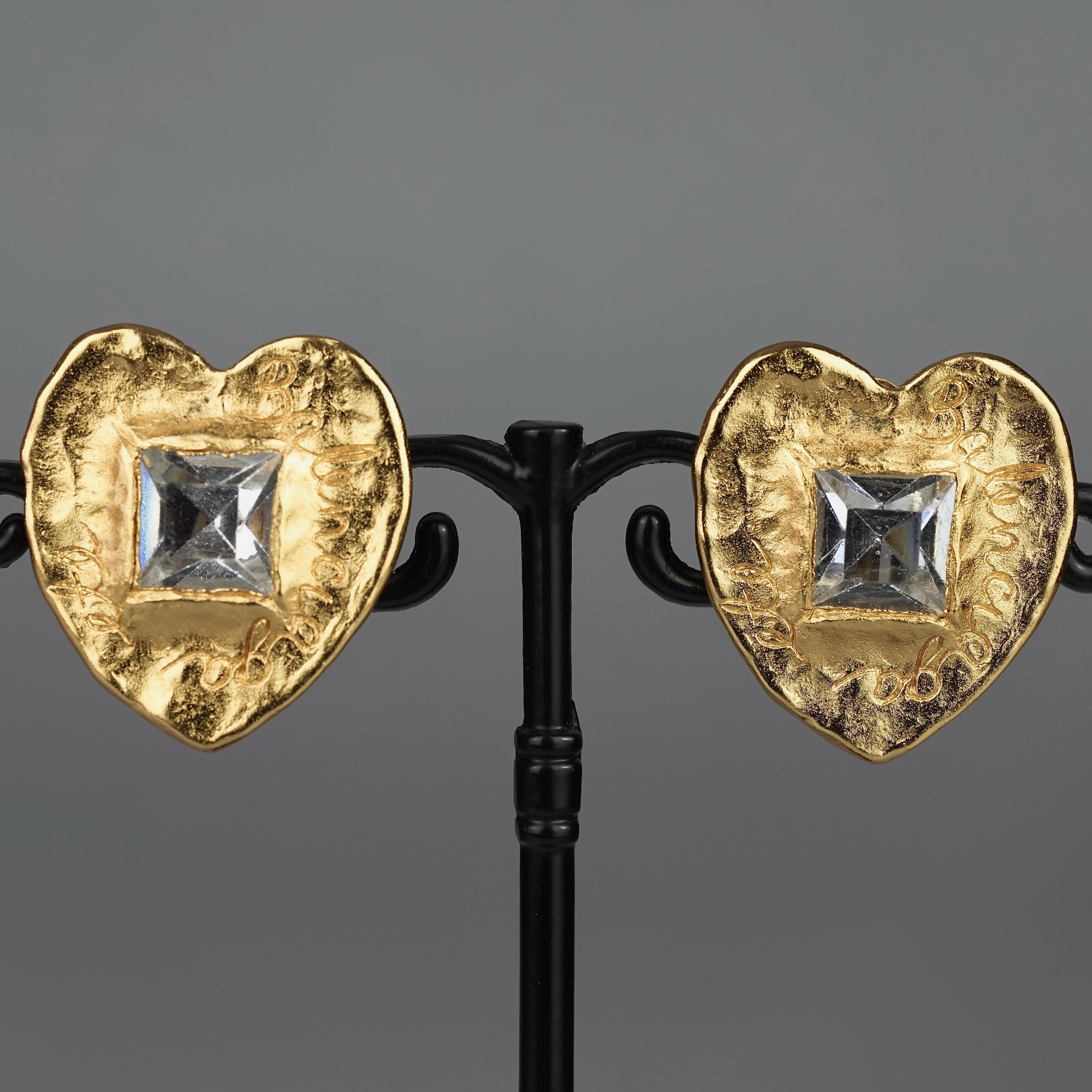 Vintage BALENCIAGA Textured Logo Heart Stone Earrings 1