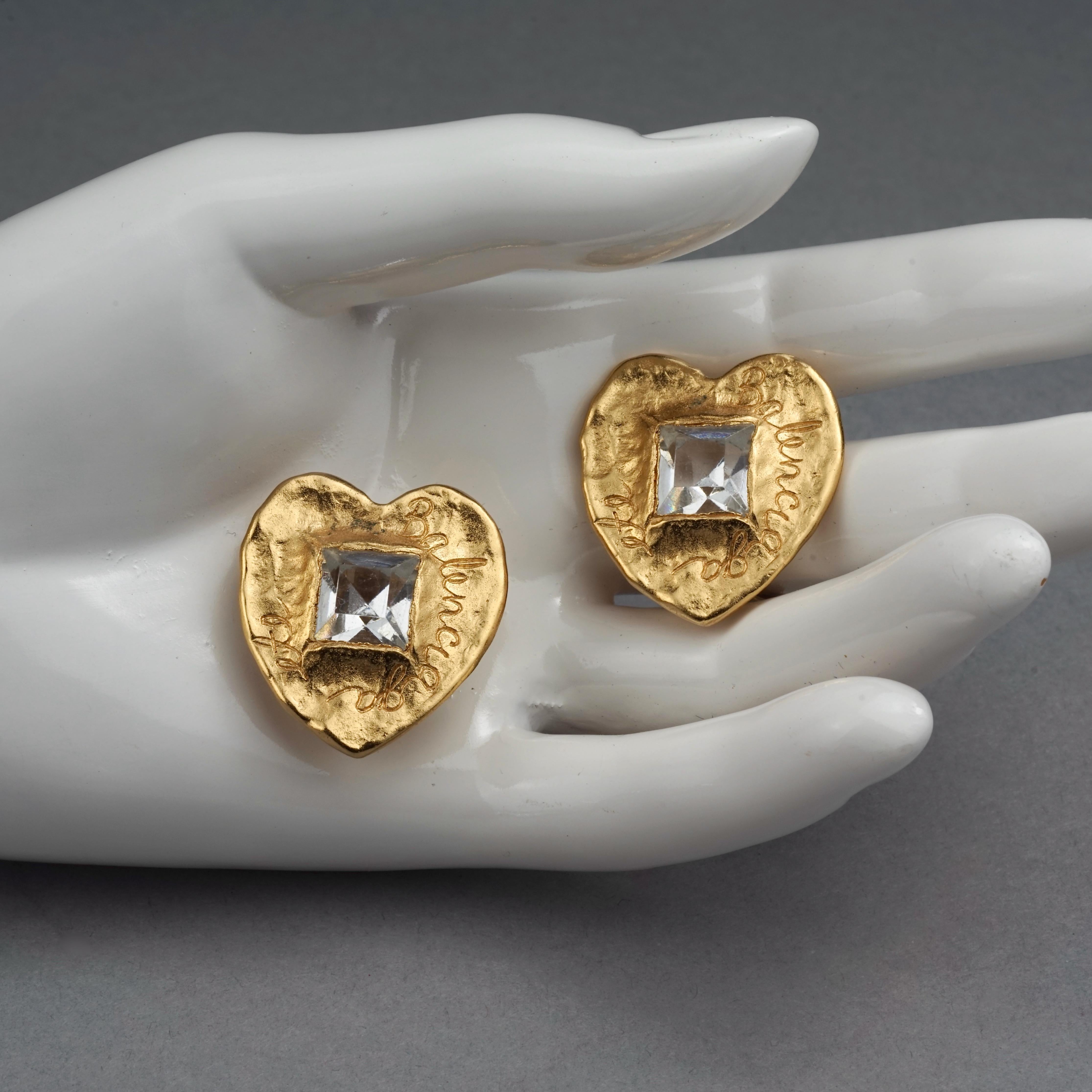 Vintage BALENCIAGA Textured Logo Heart Stone Earrings 2