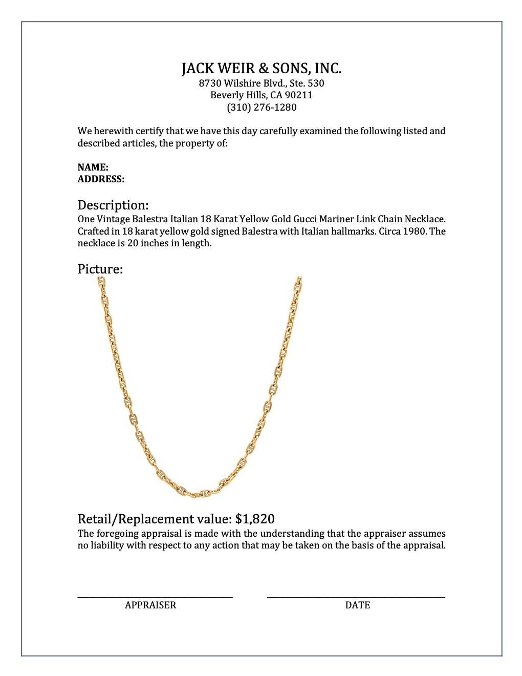 Vintage Balestra Italian 18 Karat Yellow Gold Gucci Mariner Link Chain Necklace 1