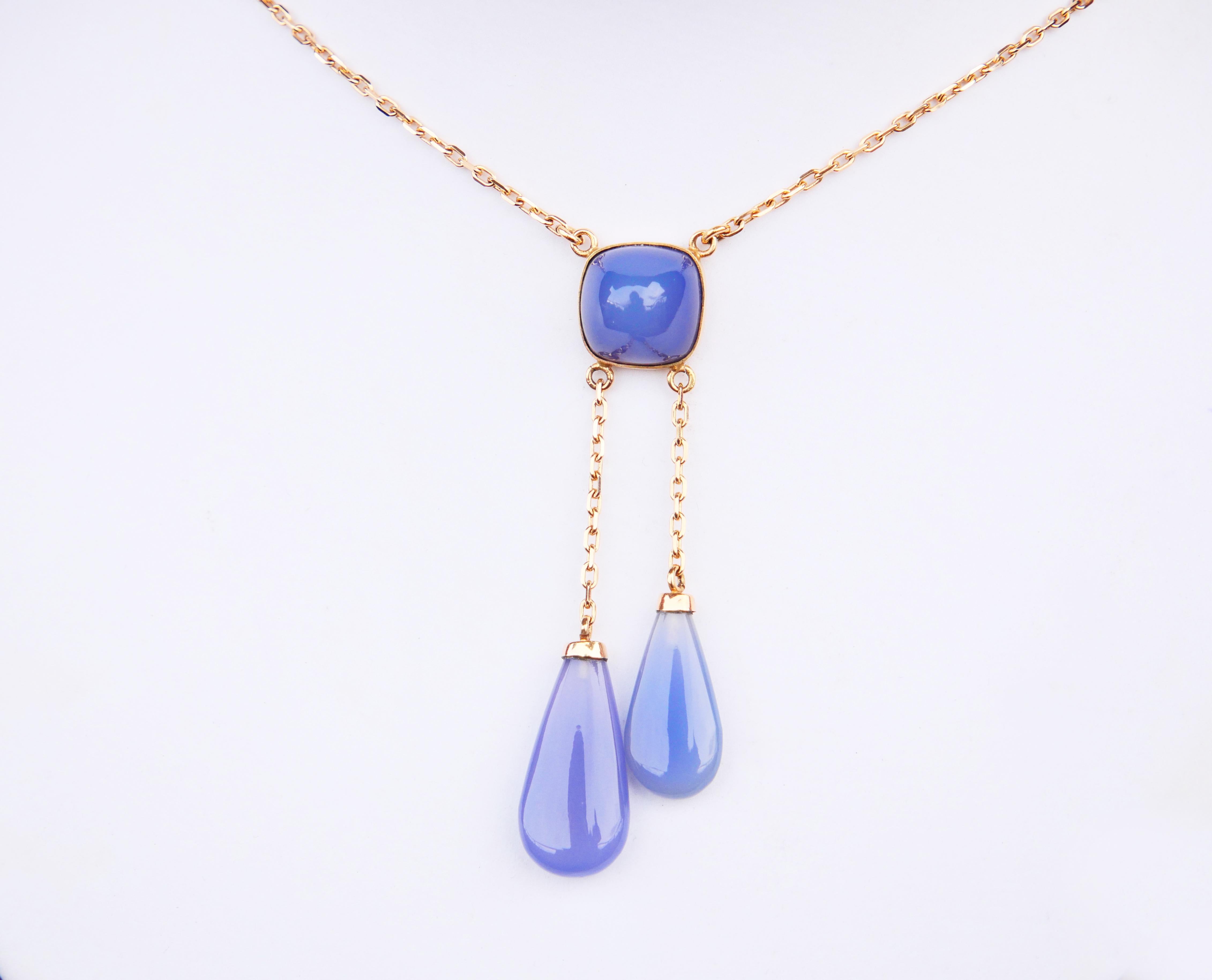 Art Nouveau Vintage Balestra Negligee Necklace natural 24ct. Blue Chalcedony 18K Gold 40cm For Sale
