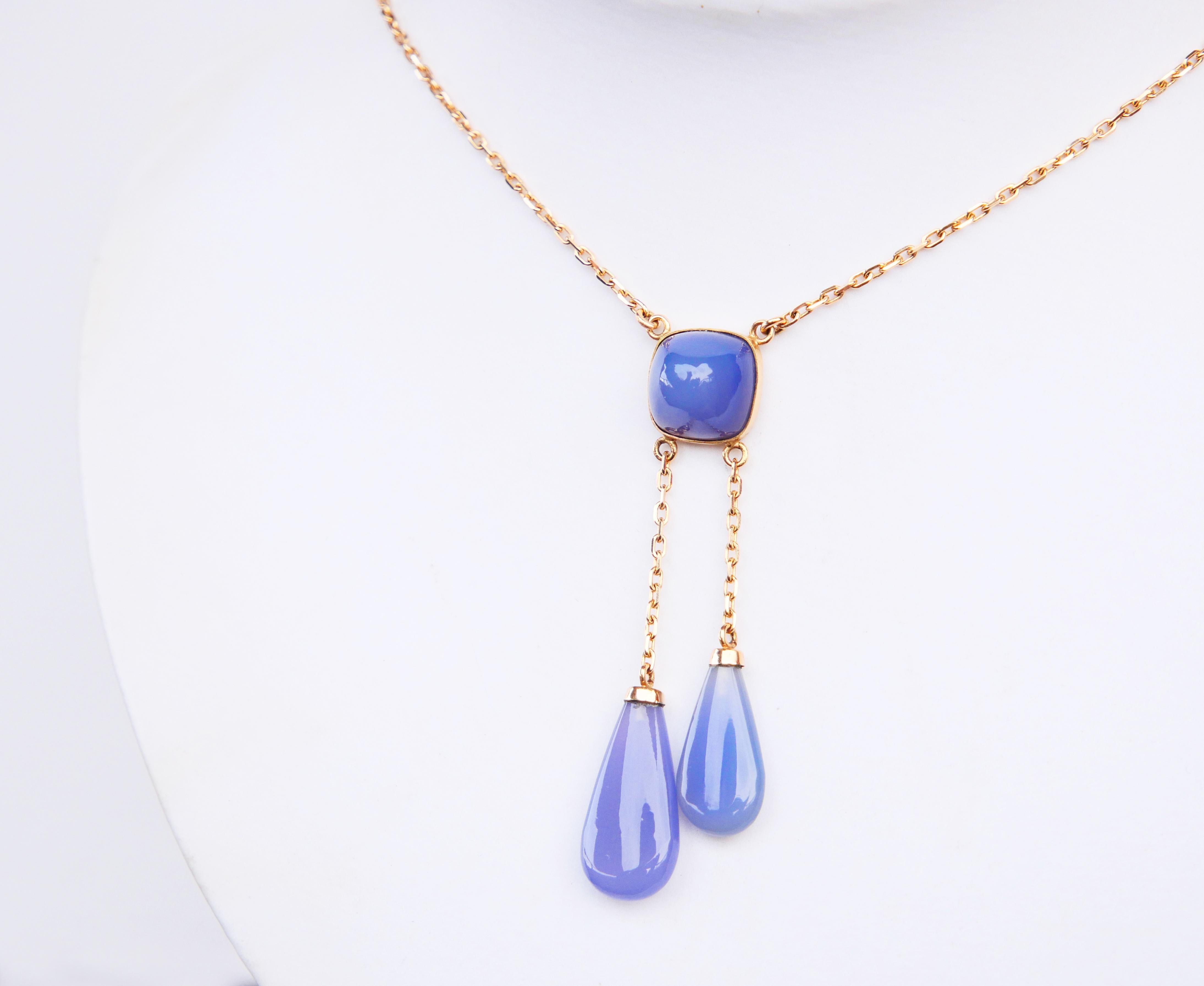 Cabochon Vintage Balestra Negligee Necklace natural 24ct. Blue Chalcedony 18K Gold 40cm For Sale