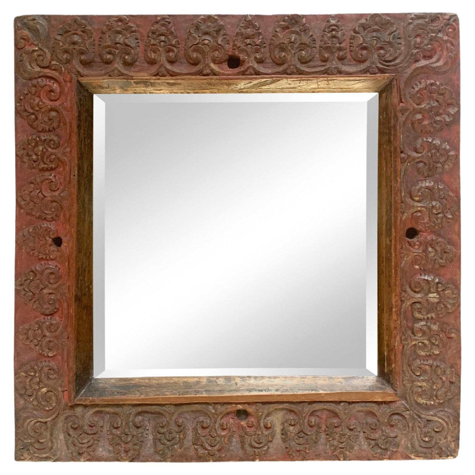 Vintage Balinese Hand-Carved Mirror with Red Polychrome, c. 1950