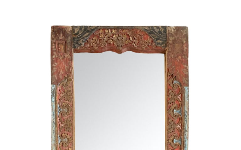 Organic Modern Vintage Balinese Hand-Carved, Polychromed Mirror, c. 1950 For Sale