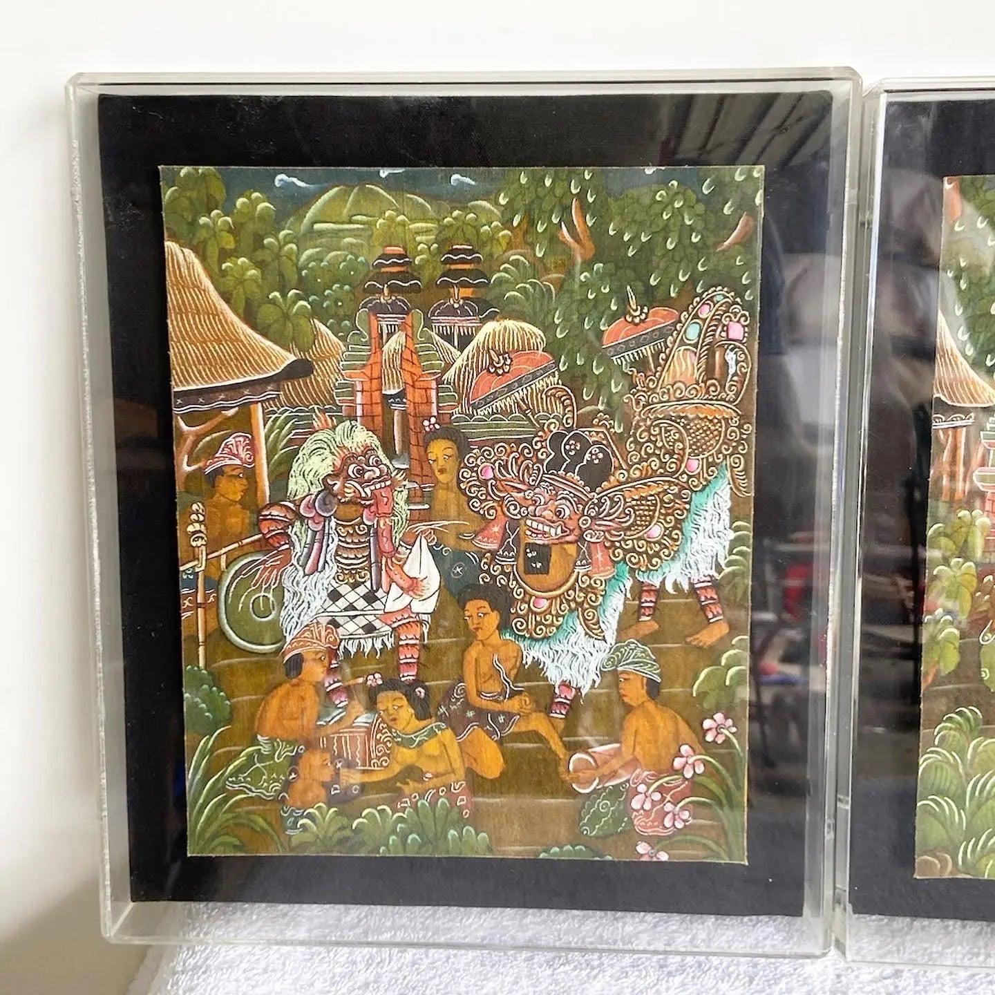 Balinesische Vintage-Gemälde auf Papier in Acrylrahmen – 3er-Set im Angebot 3
