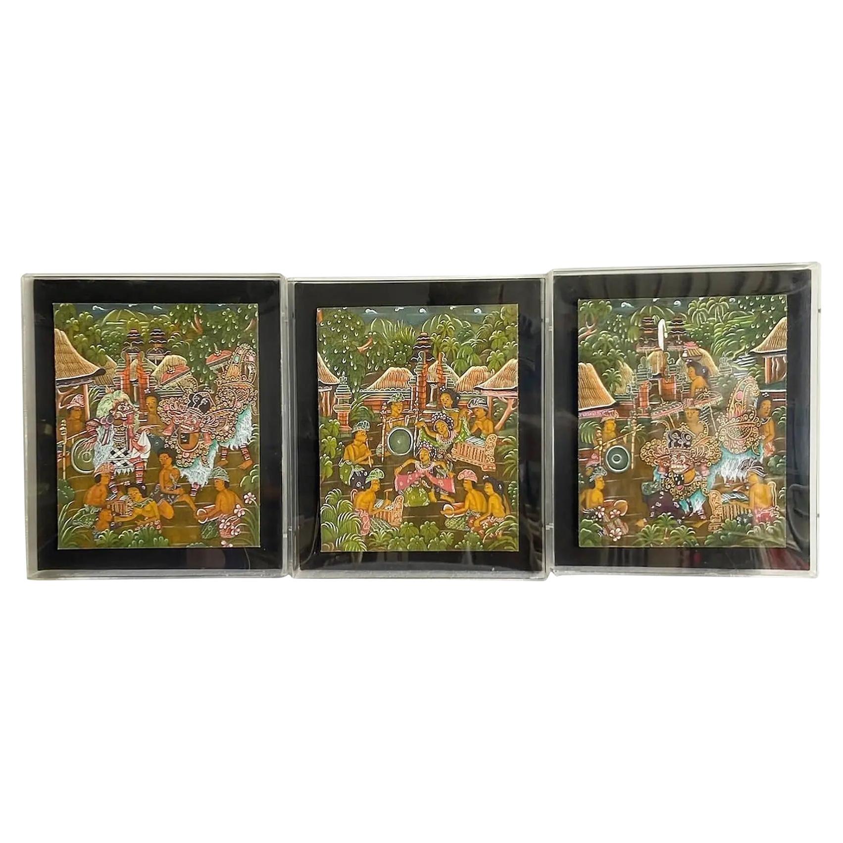 Vintage Balinese Paintings on Paper in Acrylic Frames - Set of 3