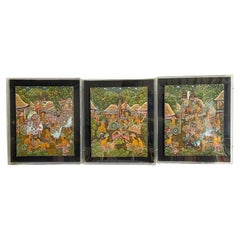 Vintage Balinese Paintings on Paper in Acrylic Frames - Set of 3