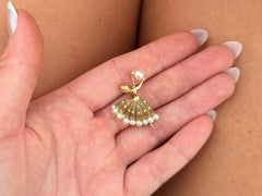 Vintage Ballerina Diamond and Akoya Pearl Brooch Sand Blasted 14K Yellow Gold