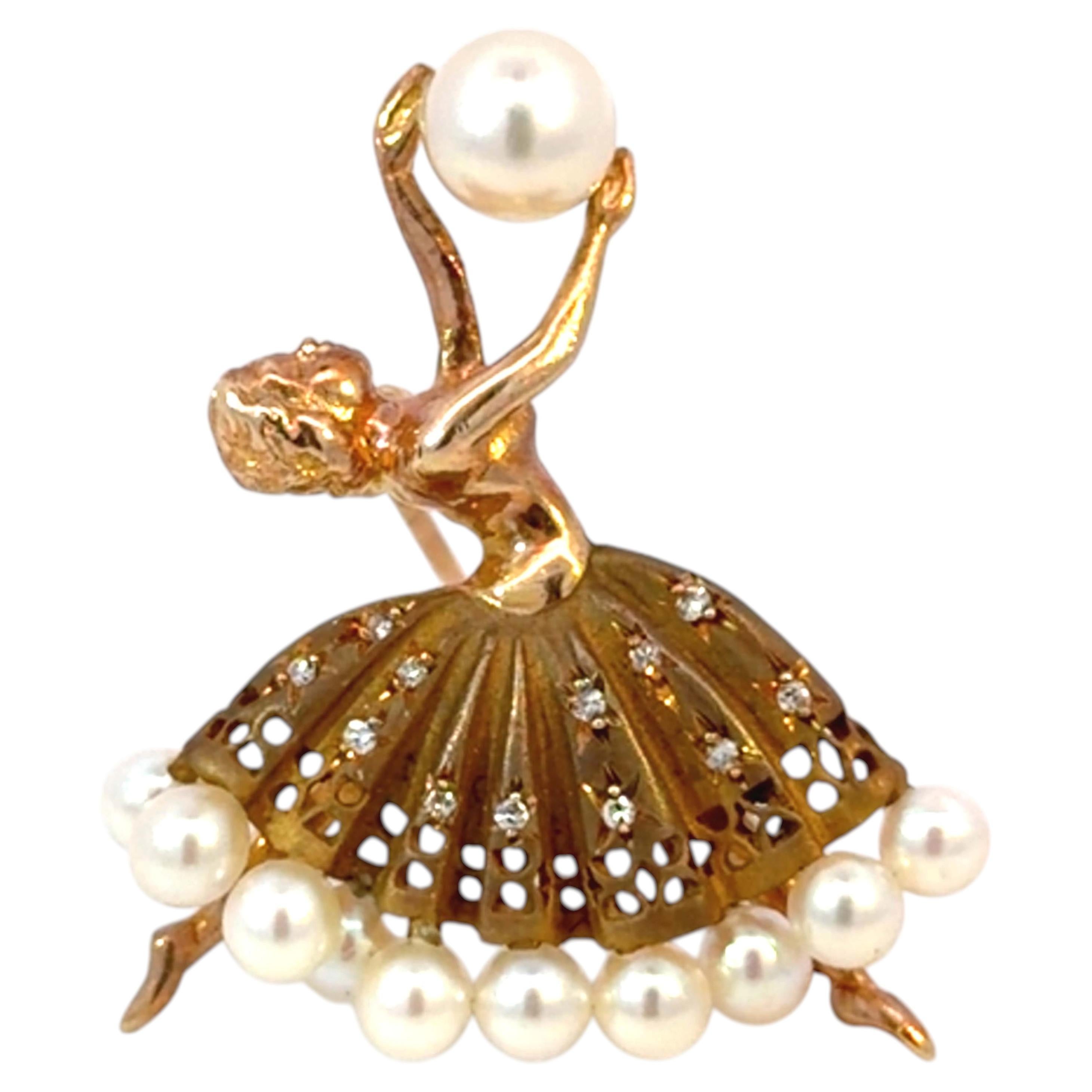Broche vintage de bailarina con diamantes y perlas Akoya, de oro amarillo de 14K con acabado arenado