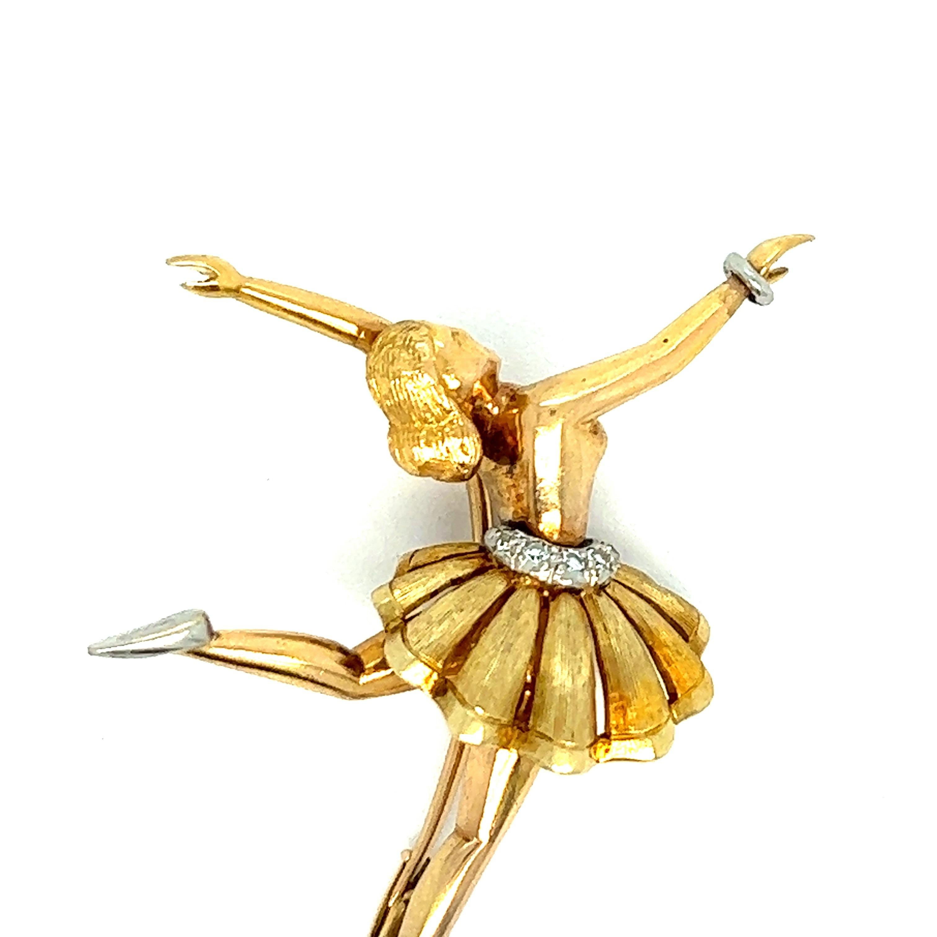 Vintage ballerina gold brooch

Round-cut diamonds, dancing ballerina motif, 18 karat yellow gold; marked 18k

Size: width 1.25 inches, length 1.75 inches
Total weight: 15.5 grams