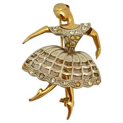 Vintage ballerina gold rhinestones designer brooch