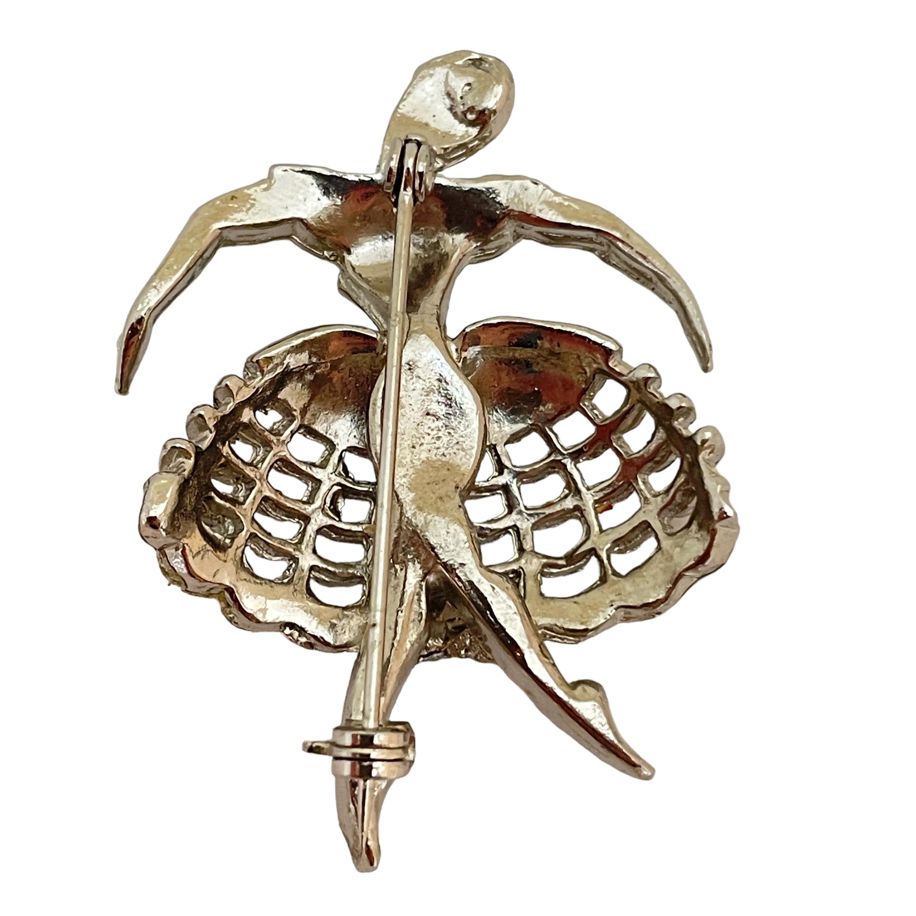 Vintage ballerina silver rhinestones designer brooch In Good Condition For Sale In Palos Hills, IL