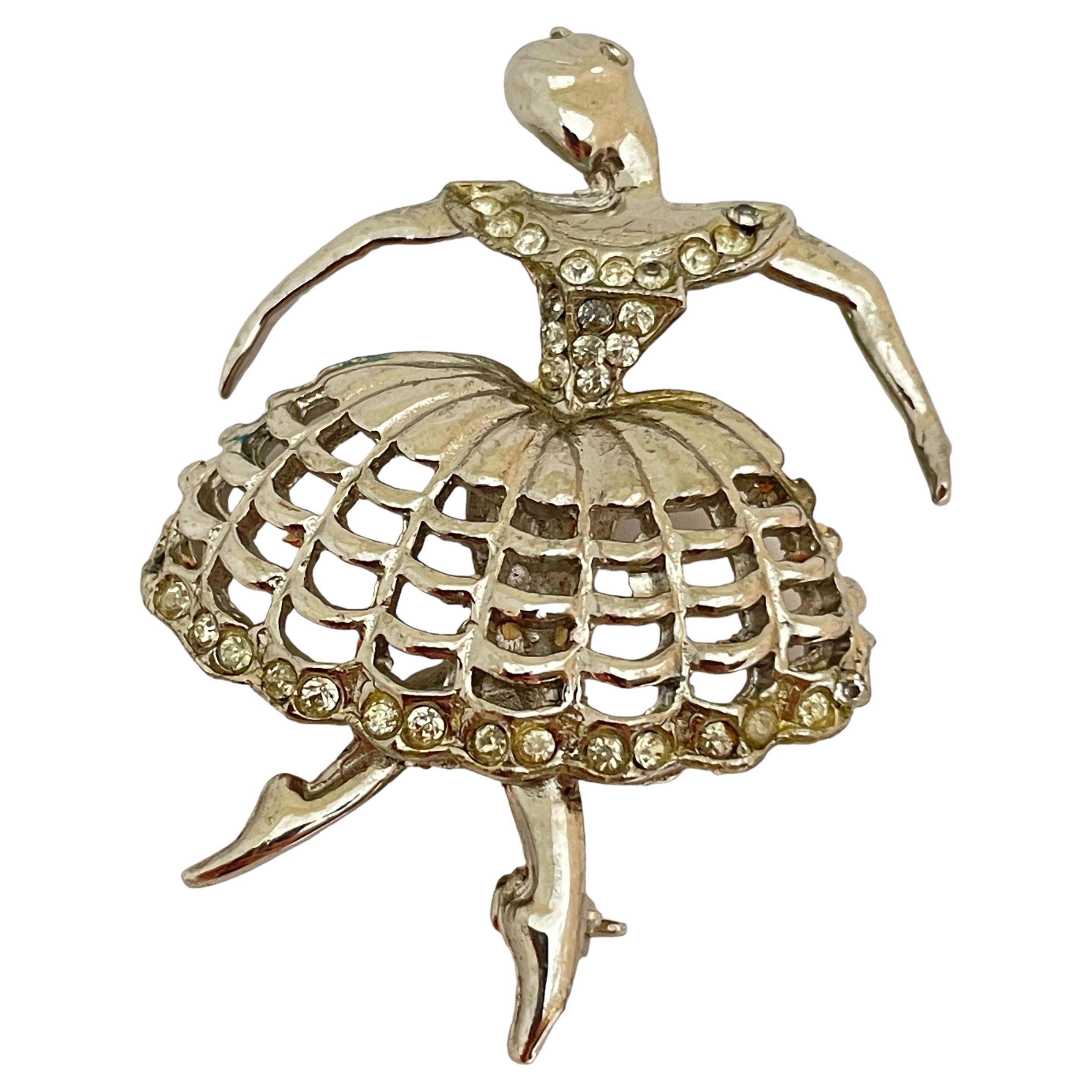 Vintage ballerina silver rhinestones designer brooch For Sale