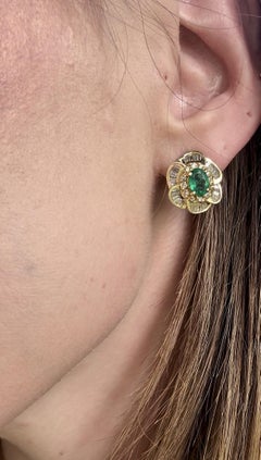 Vintage Ballerina Style Diamond & Emerald Earrings 14K Yellow Gold