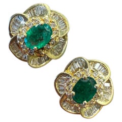 Vintage Ballerina Style Diamond & Emerald Earrings 14K Yellow Gold