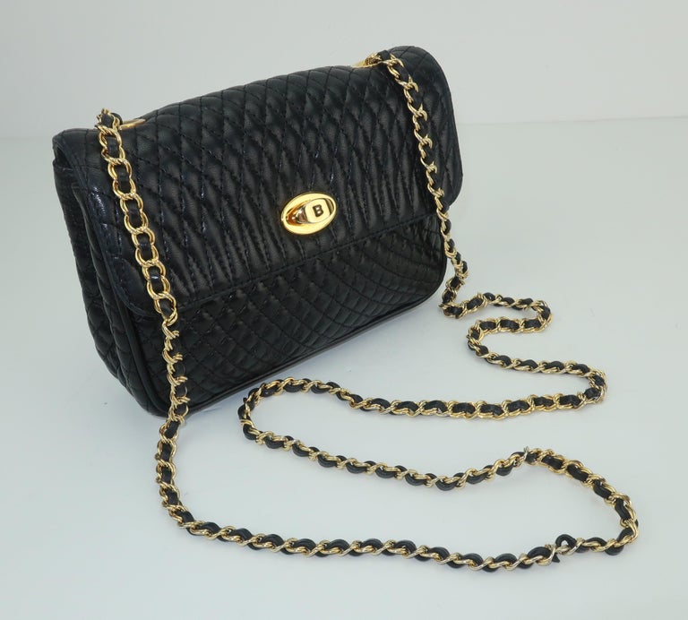 Vintage Bally Black Leather Quilted Chain Strap Handbag at 1stDibs