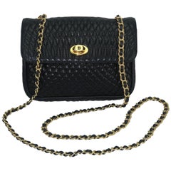 Vintage Bally - Sac Ã main en cuir noir matelassÃ© avec sangle en chaÃ®ne