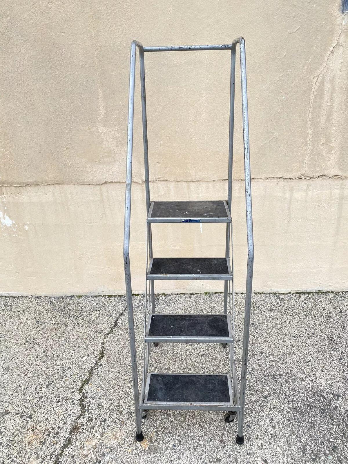 Vintage Ballymore Warehouse Garage 4 Step Metal Rolling Safety Ladder w/ Rails. Circa  Late 20th Century. Measurements: 68.5