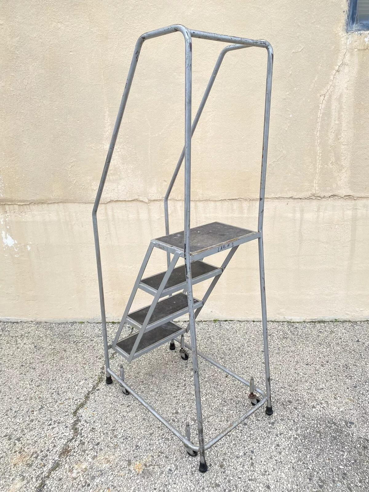Mid-Century Modern Vintage Ballymore Warehouse Garage 4 Step Metal Rolling Safety Ladder w/ Rails For Sale