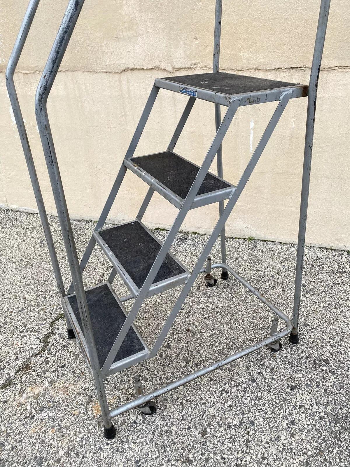 20th Century Vintage Ballymore Warehouse Garage 4 Step Metal Rolling Safety Ladder w/ Rails For Sale