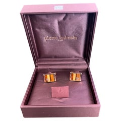 Vintage Balmain “Circa 1980s” Tiger Eye Cufflinks Original Purple Satin Case