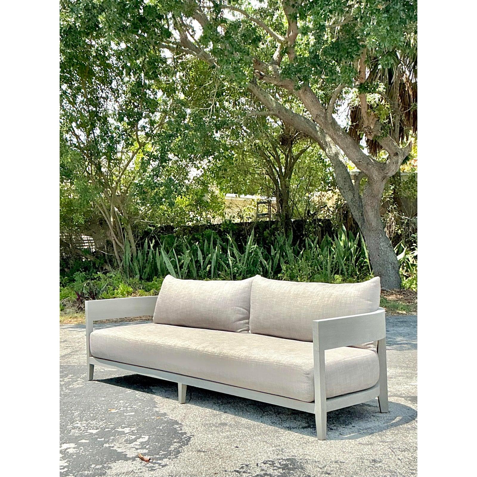 Linen Vintage “Balmain” Outdoor Teak Sofa After RH For Sale