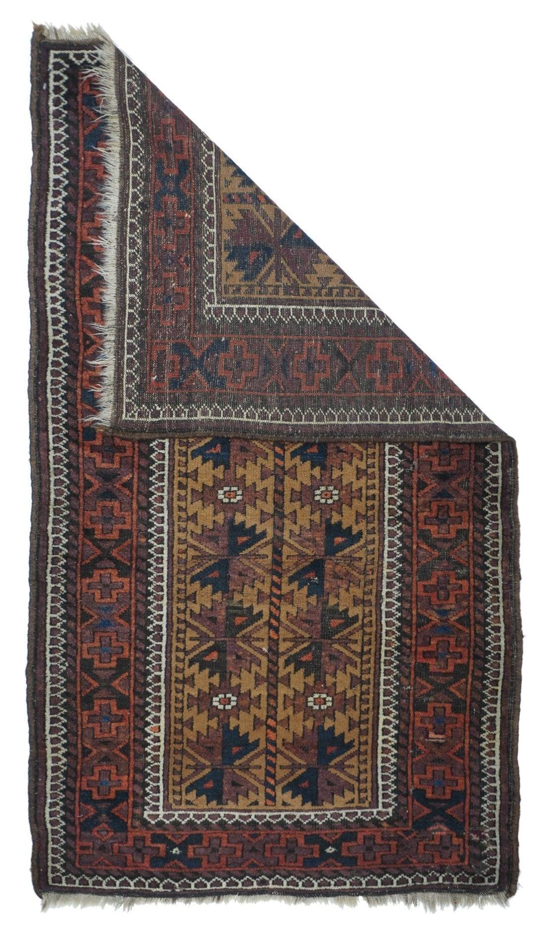 Vintage Balouch Rug 2'9'' x 4'10''. The camel-tone field shows a simplified tree of life with two columns of characteristic fan leaves and rosette-centred ashiks. Red Turkmen-style border of crosses and X's. Dentate minor borders. Medium weave with