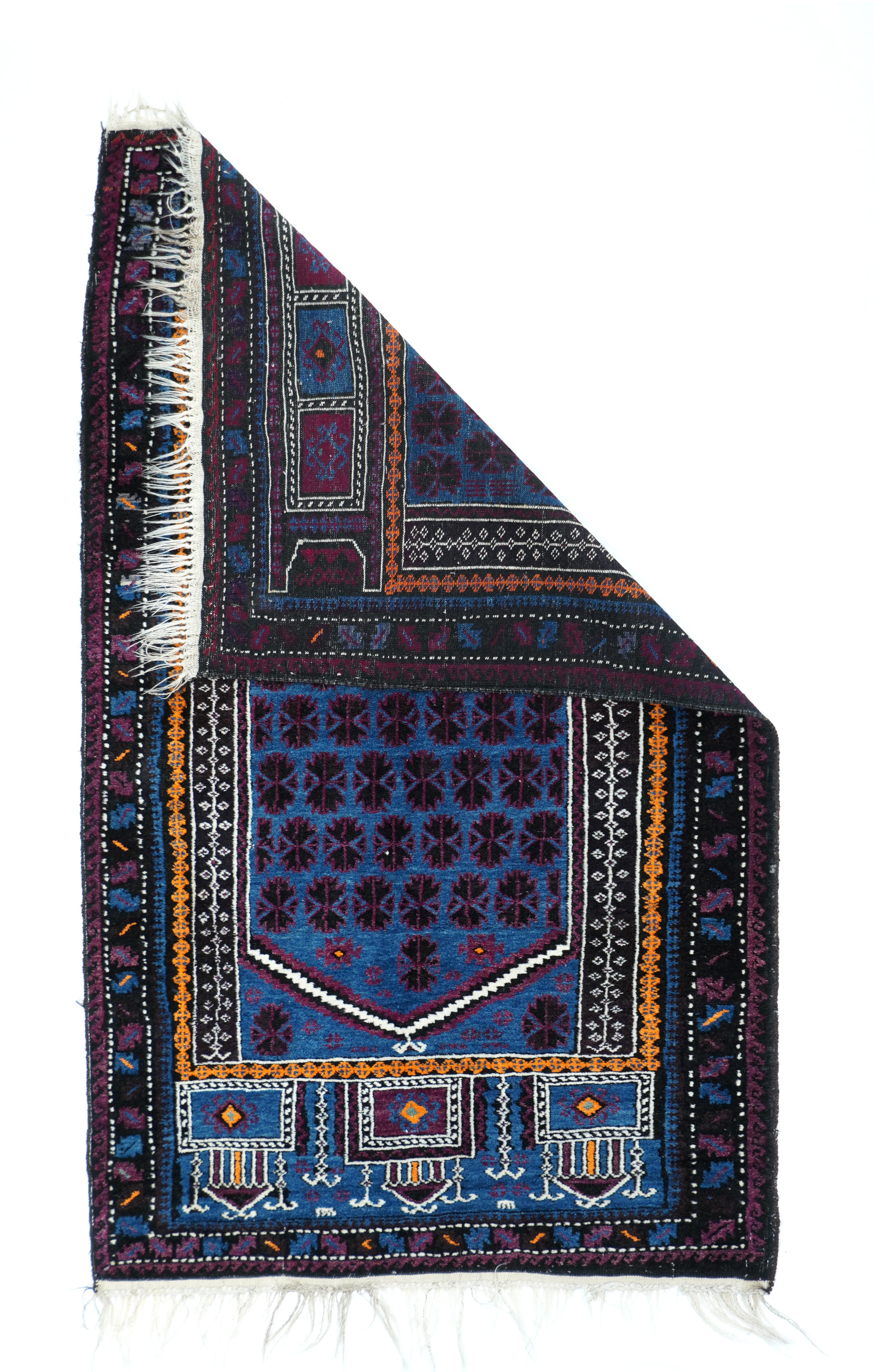 Vintage Balouch rug 3'3'' x 5'5''. The luminous blue field shows offset rows of characteristic double leaf motives, under an off white stepped and horned niche arch, with a blue upper panel with three squared and pedimented structures, and a lower