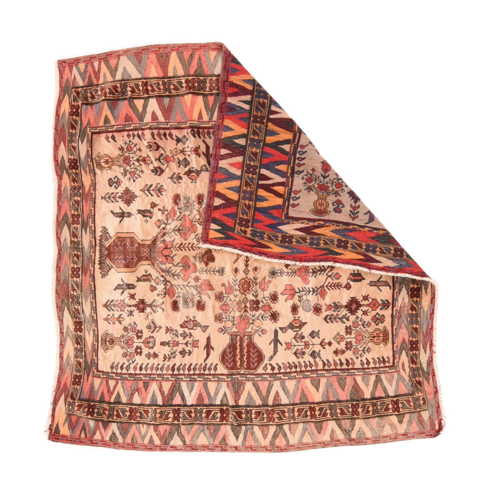 Vintage Balouch Rug 4'9'' x 5'2''. The Aryan tribes of Khorassan, Sistan and NE Afghanistan, mostly nomadic, weaving small rugs in allover, medallion and niche (prayer) designs, often with genuine camel-hair fields. Moderate to fine weave. All wool,