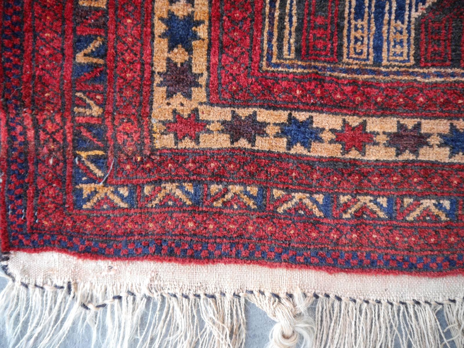Vintage Balouch Tribal Prayer Rug Blue and Rust Color 3
