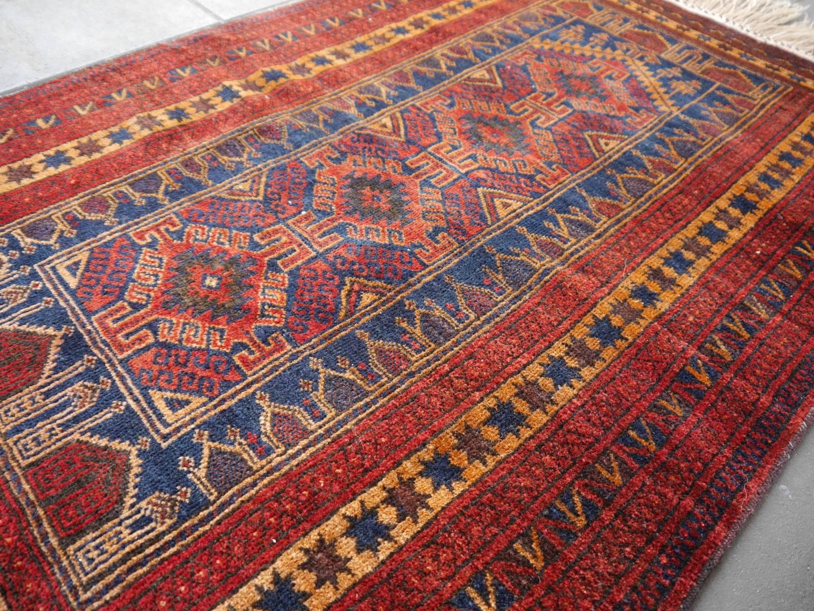 Vintage Balouch Tribal Prayer Rug Blue and Rust Color 4