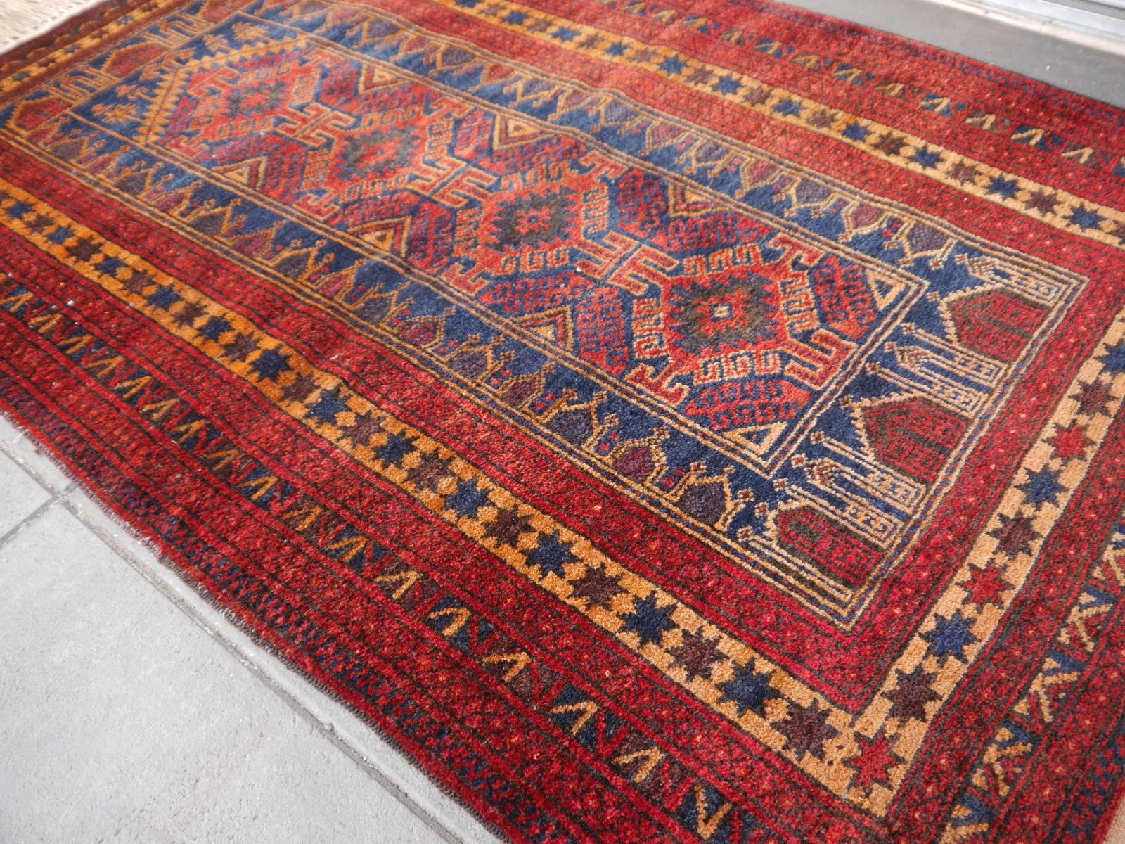 Hand-Knotted Vintage Balouch Tribal Prayer Rug Blue and Rust Color
