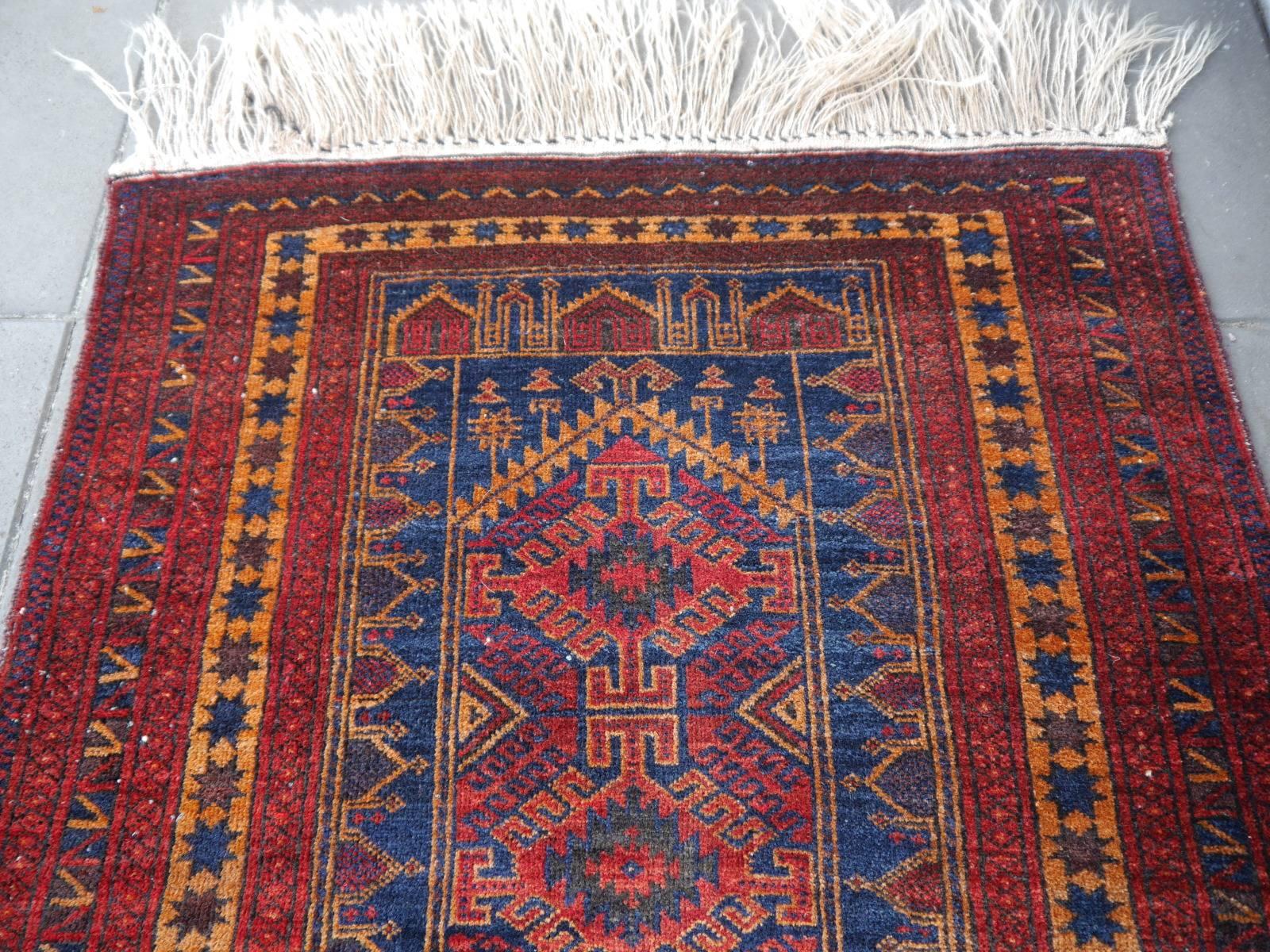 20th Century Vintage Balouch Tribal Prayer Rug Blue and Rust Color