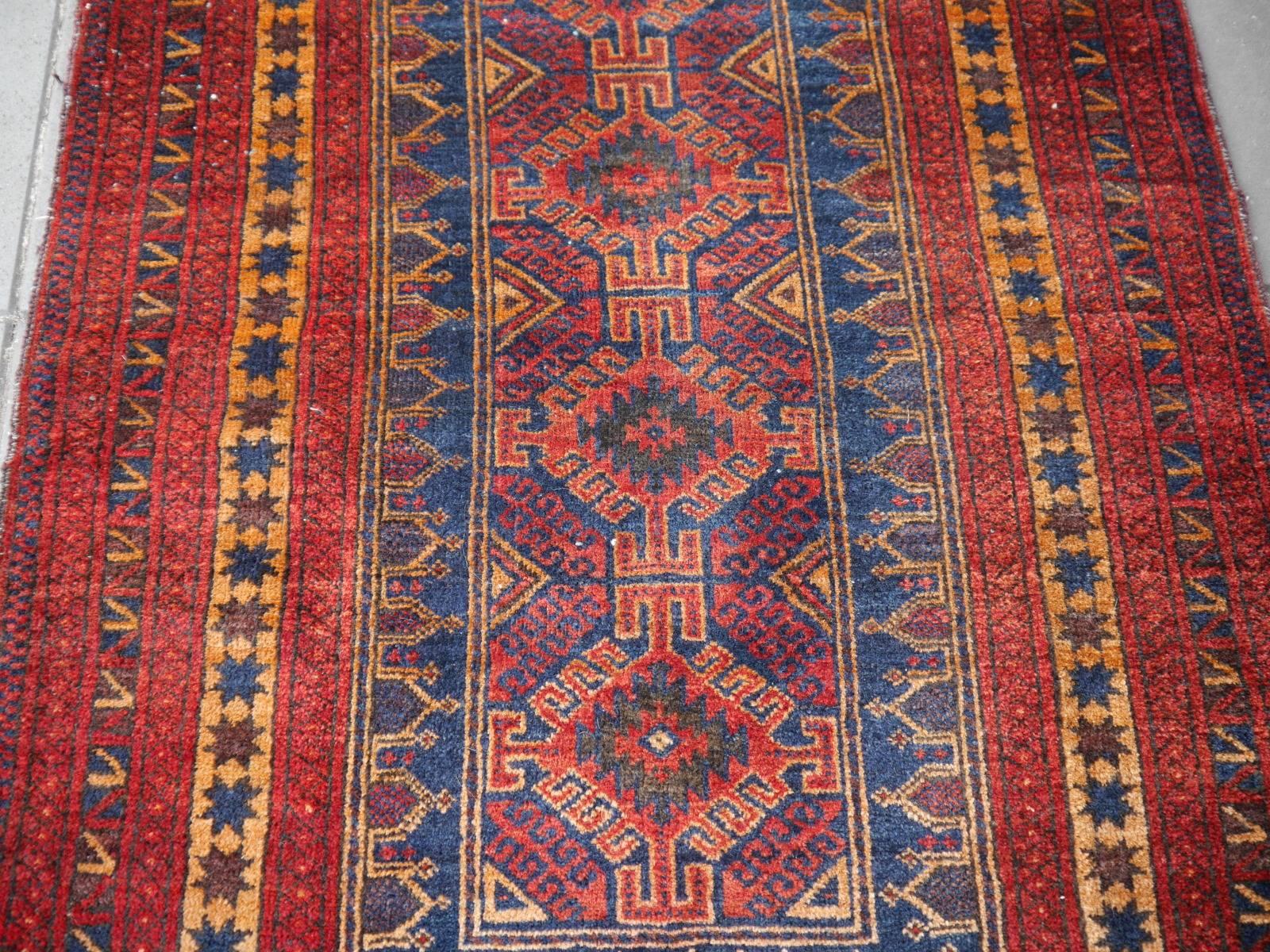 Wool Vintage Balouch Tribal Prayer Rug Blue and Rust Color