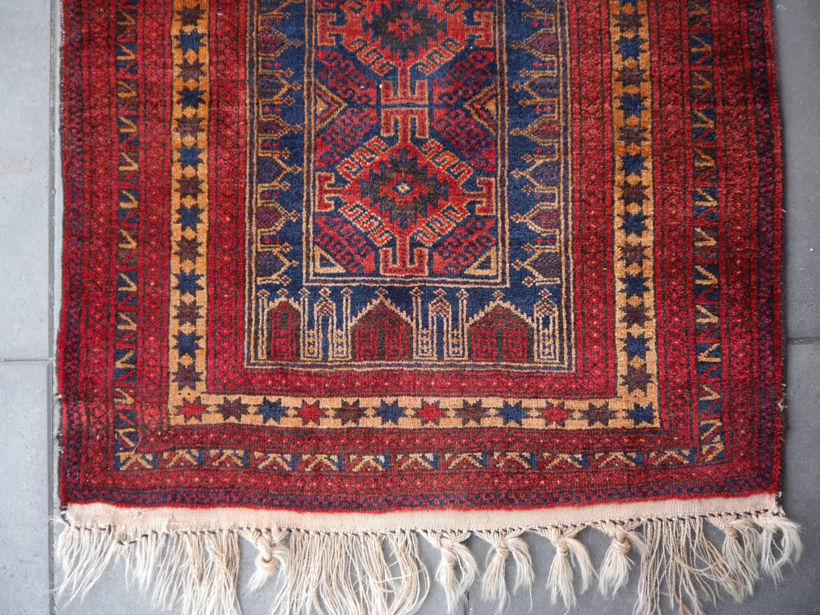 Vintage Balouch Tribal Prayer Rug Blue and Rust Color 1