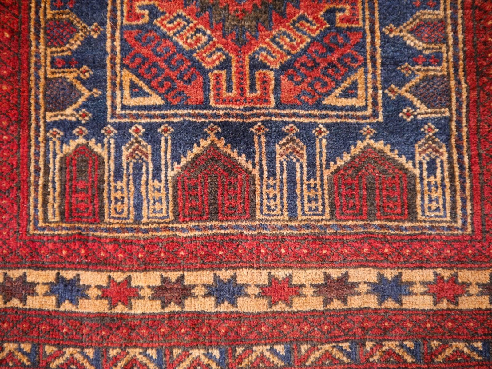 Vintage Balouch Tribal Prayer Rug Blue and Rust Color 2