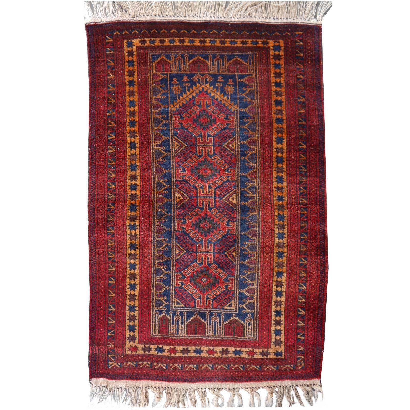 Vintage Balouch Tribal Prayer Rug Blue and Rust Color
