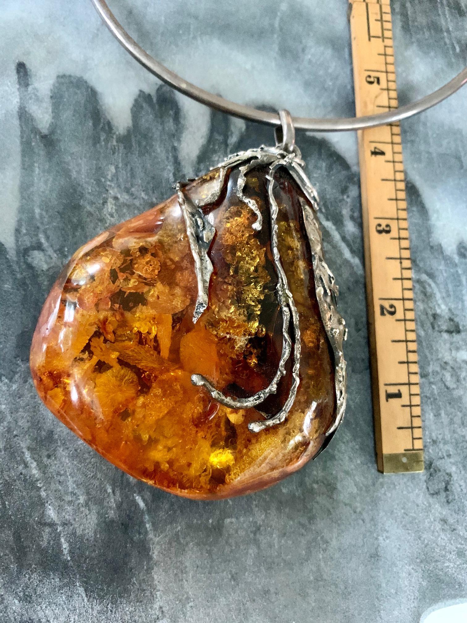 Vintage Baltic Amber Artistic Applied Silver on Sterling Silver Choke Necklace For Sale 2