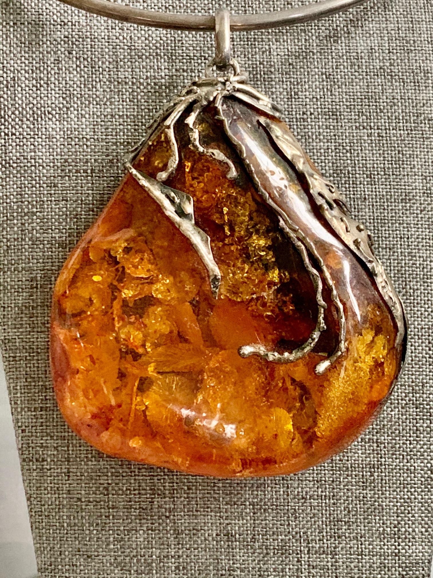 Vintage Baltic Amber Artistic Applied Silver on Sterling Silver Choke ...