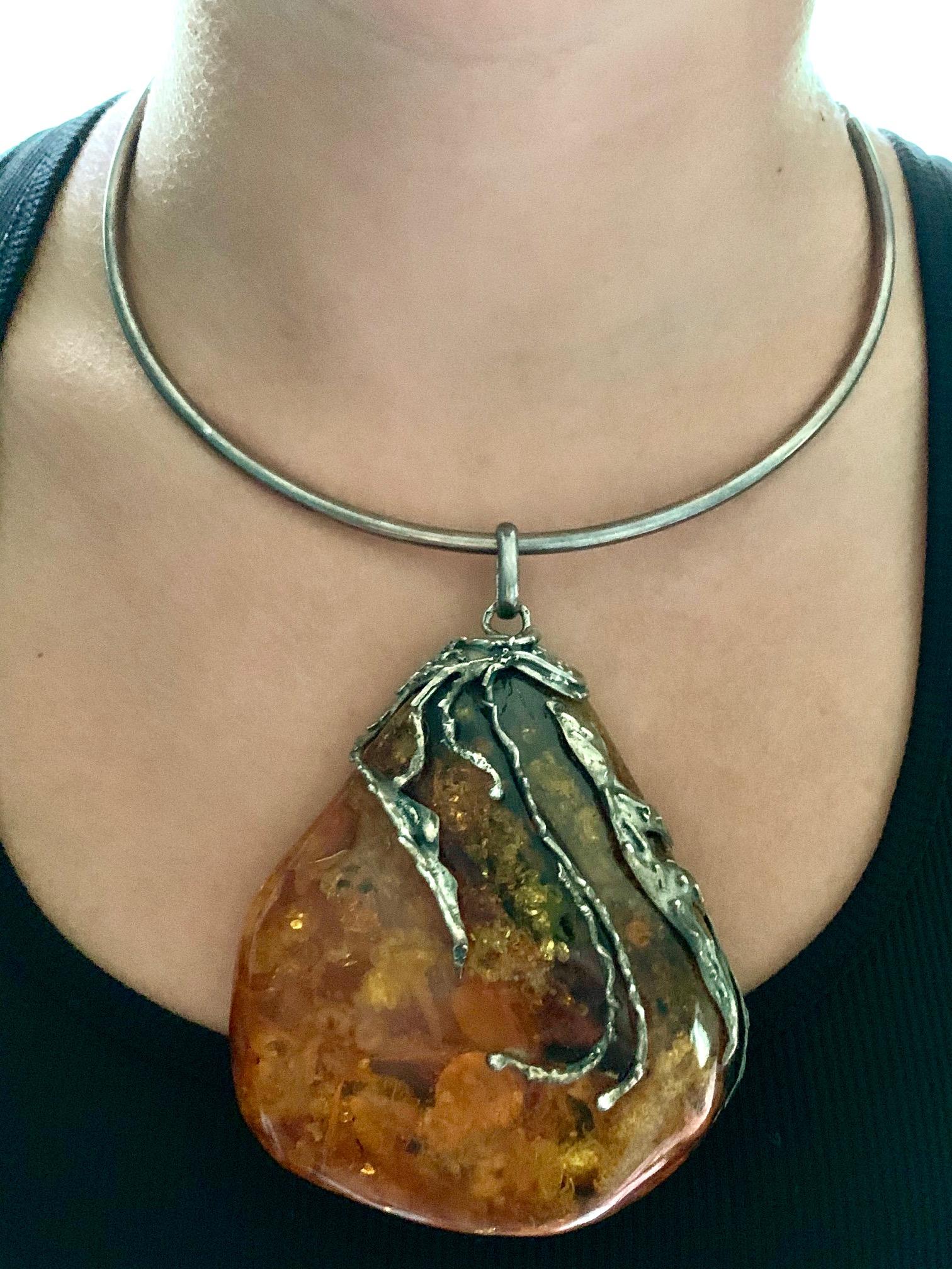 Uncut Vintage Baltic Amber Artistic Applied Silver on Sterling Silver Choke Necklace For Sale