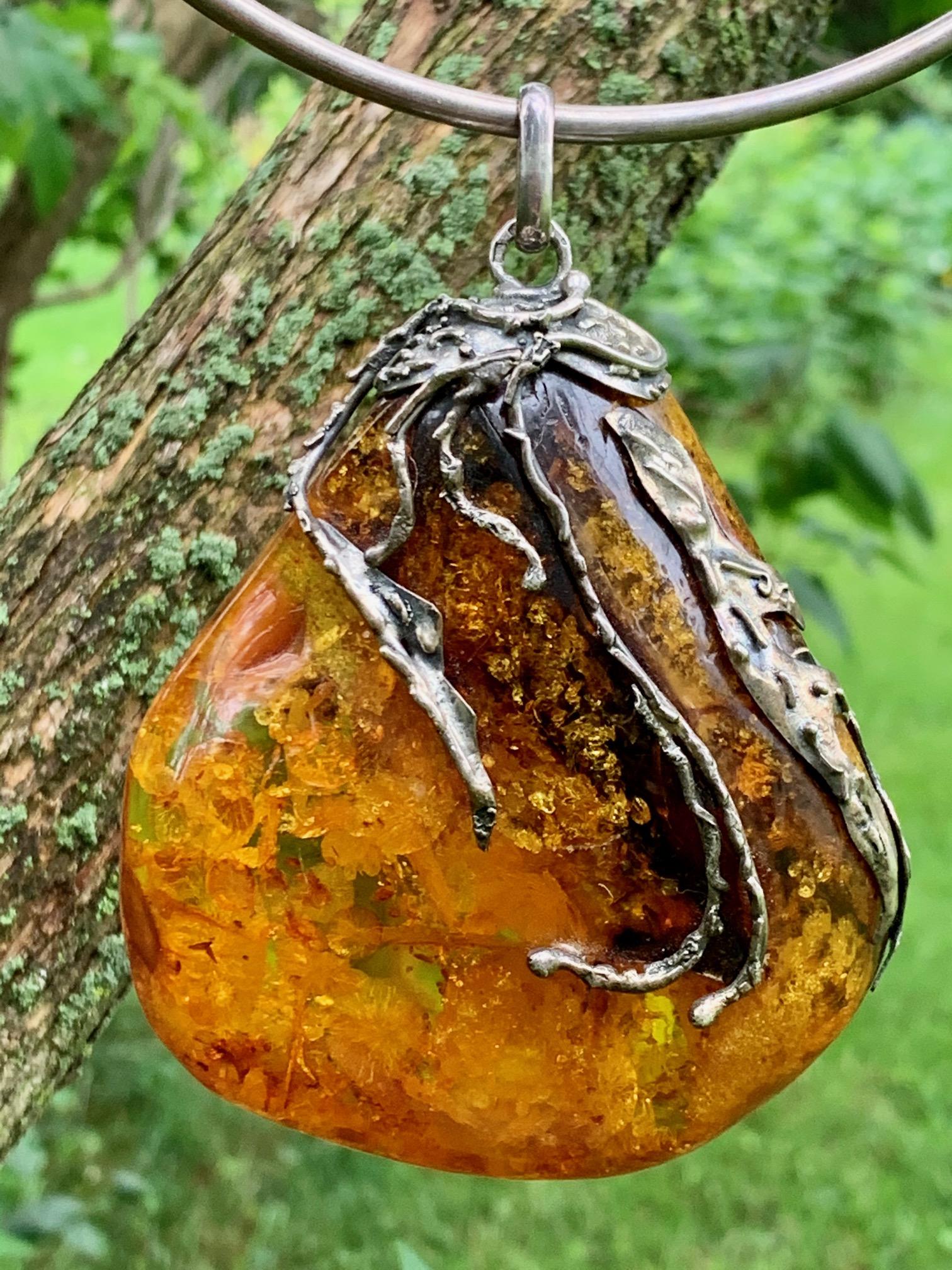 Women's Vintage Baltic Amber Artistic Applied Silver on Sterling Silver Choke Necklace For Sale