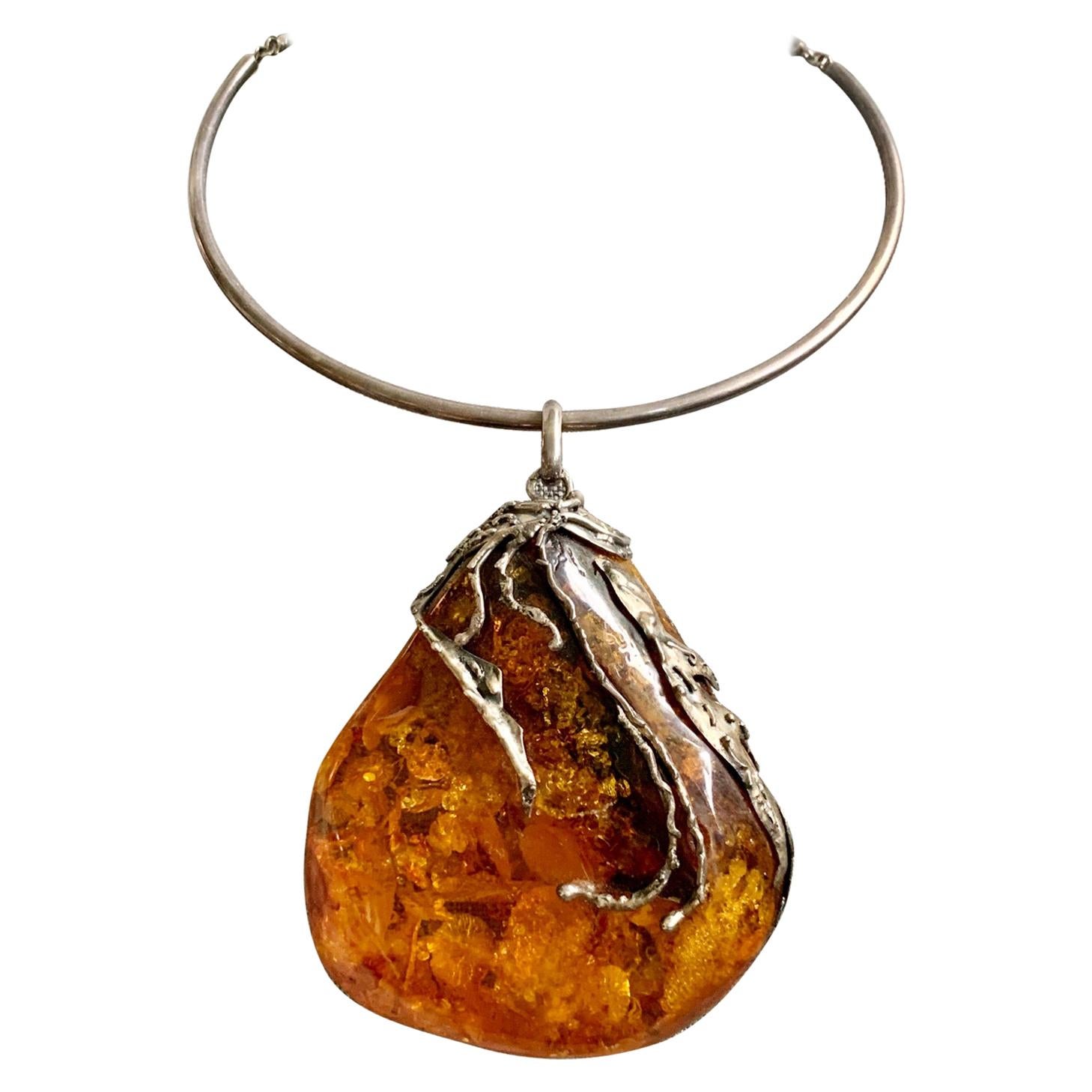 Vintage Baltic Amber Artistic Applied Silver on Sterling Silver Choke Necklace For Sale